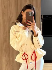 High Neck Snap Button Drawstring Crop Jacket