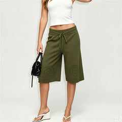 Hollow Swirl Embroidery Drawstring Wide Leg Capri Pants