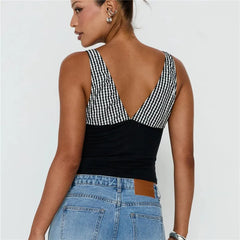 Gingham Patchwork Deep V-Neck Front Tie Sleeveless Crop Top