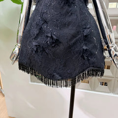 Beaded Tassel Hem Lace 3D Applique Strapless Mini Dress
