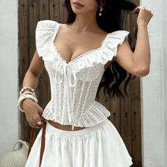 White Ruffle Sleeve Polka Dot Corset Top