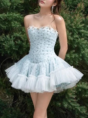 Strapless 3D Flower Tulle Mini Dress