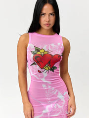 Women's tank sheer printed bodycon mini dress with an O-neck.

