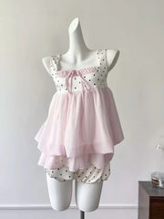 Pink Sleeveless Square Neck Polka Dot Top And Mini Skirt Set