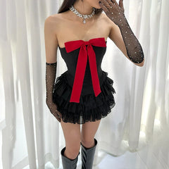 Strapless Large Bow Applique Corset Top And Frill Mini Skirt Set - Free From Label