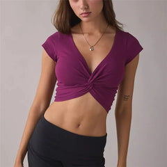 Polka Dot Deep V Front Twist Knot Crop Top