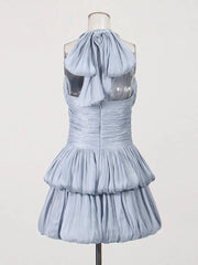 Blue Halter Tie Up Bubble Hem Mini Dress