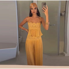 Lace Embroidered Square Neck Sheer Crop Top And Wide Pants Set