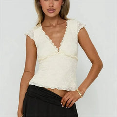 Ruffled Trim V-Neck Cap Sleeve Top