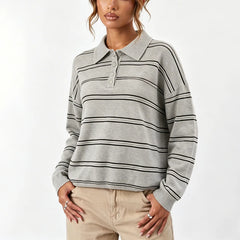 Grey Stripe Lapel Collar Long Sleeve Knit Top