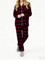 Plaid Print Long Sleeve Button Down Tops And Elastic Waist Pants Christmas Pajama Set