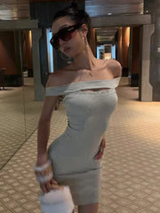 Grey Off-Shoulder Cutout Studded Bodycon Mini Dress