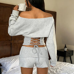 Grey Off Shoulder Puff Crop Top and Shorts Set
