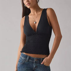 Polka Dot Plunge V Neck Smocked Top