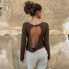 Solid Hollow Out Backless Long Sleeve T-Shirt