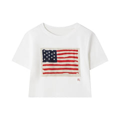 White t-shirt with American flag graphic on a white background