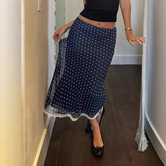 Blue Polka Dot Lace Trim Midi Skirt