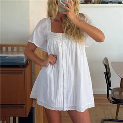 Square Neck Flutter Sleeve Eyelet Babydoll Mini Dress