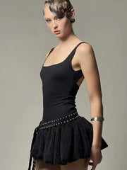 Black Rivet Belt Square Collar Sleeveless Mini Dress