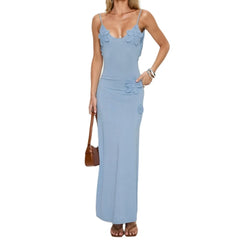Blue Knit  3D Flower Decor Maxi Dress