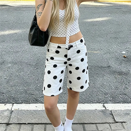 White Polka Dot Denim Bermuda Shorts