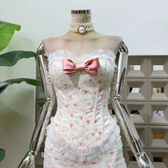 Floral Strapless Bow Ruffle Corset Top And Bodycon Mini Skirt Set