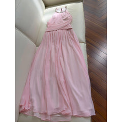Pink Pleated High Neck Rhinestone Chain Open Back Maxi Dress