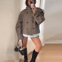 Checkered Button Double Breasted Long Sleeve Coat