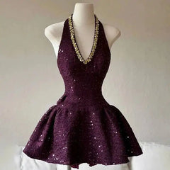 Purple Halter Diamond Sequin Mini Dress
