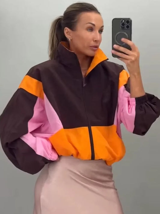 Color Block Collared Zip Up Jacket