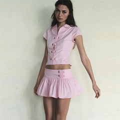 Polo Collar Short Sleeve Top And Mini Skirt Set