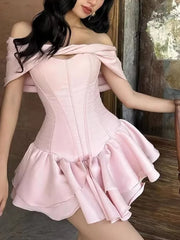 Pink Satin Ruffles Lace-up Mini Dress With Shawl