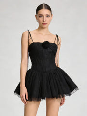 Tie Up Strap 3D Flower Embellished Tulle Mini Dress