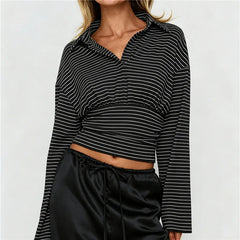 Striped Turn Down Collar Long Sleeve Top