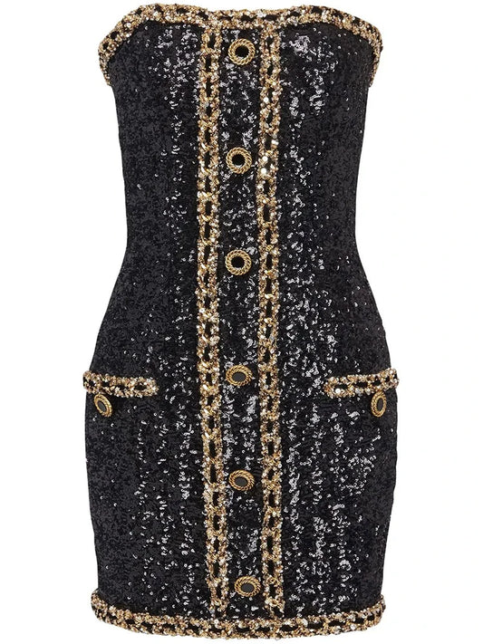 Black Sequin Gold Chain Strapless Mini Dress