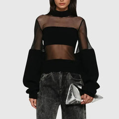 Black Mesh Patchwork Long Sleeve Turtleneck Top