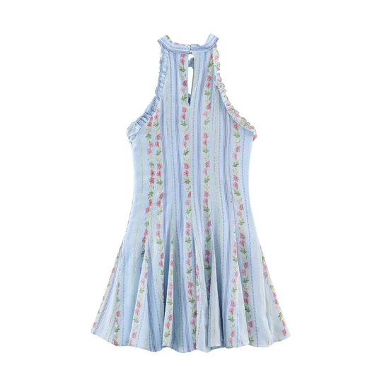 Blue Floral Stripes Print Sleeveless Mini Dress