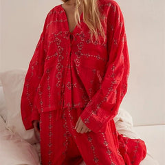 Printed Long Sleeve Tie Top And Shorts Sleepwear Set