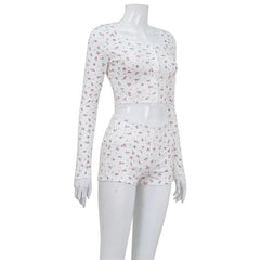 Floral Print Long Sleeve Top And Shorts Sleepwear Set