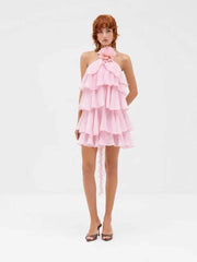 Ruffle Halter Flower Decoration Layered Mini Dress