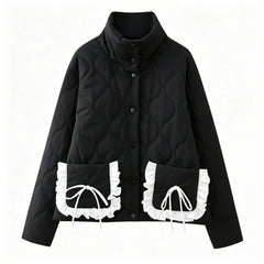 Black Quilted Jacket with Ruffle Bow Pockets