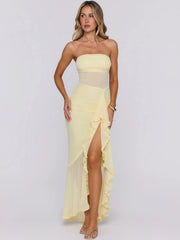 Strapless Ruffle Slit Maxi Dress