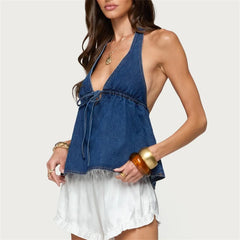 Denim Halter Tie Up Open Back Vest Top
