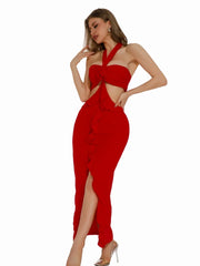 Red Flower Ruffles Halter Maxi Dress