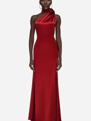 Satin Halter Neck 3D Flower Long Dress