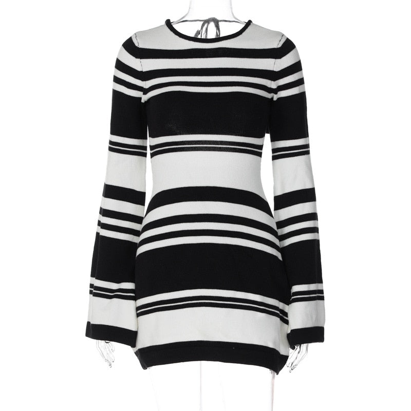 Black Stripe Knit Backless Long Sleeve Mini Dress