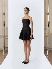 Black Pleated Strappy Lace Mesh Hem Mini Dress