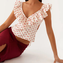 Red Polka Dot Short Sleeve Ruffle Top