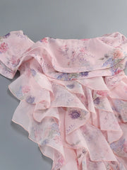 Pink Printed One Shoulder Multi-layered Ruffles Mini Dress