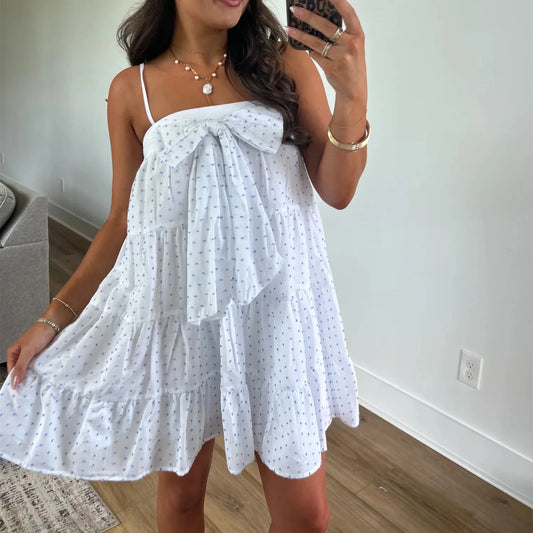 White Dotted Bow Babydoll Mini Dress